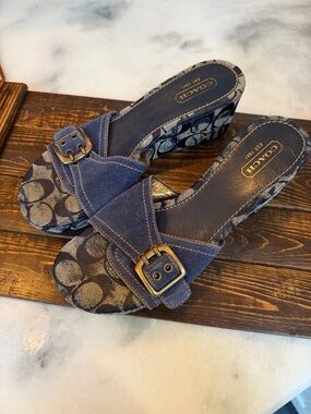 COACH Women's Navy Blue Wedge Sandals with Signature Canvas